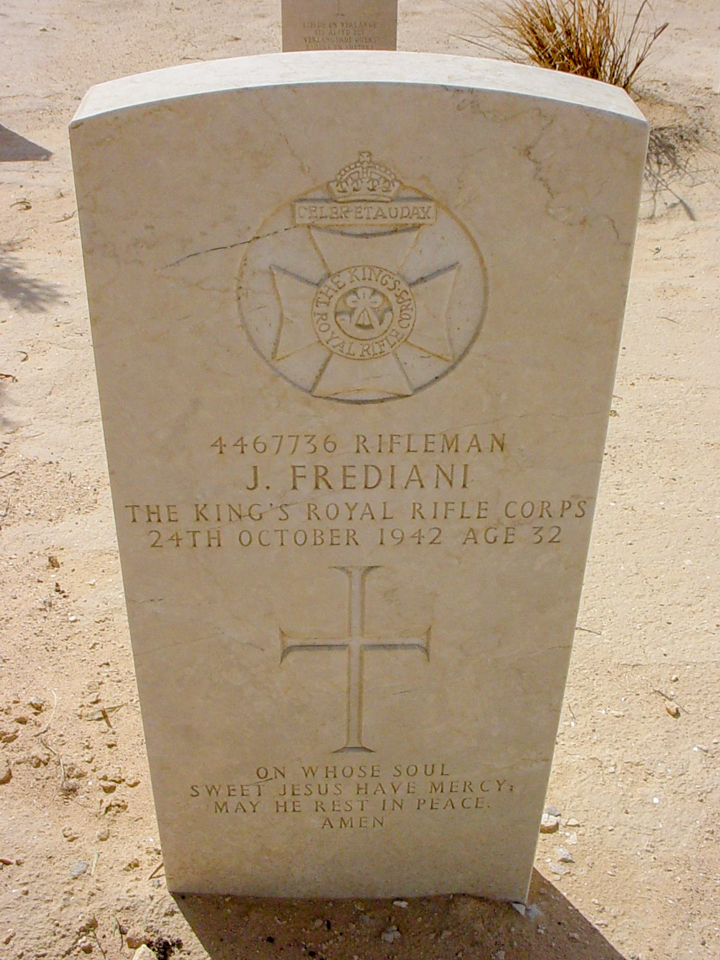 Headstone of John Frediani at El Alamein War Cemetery, Egypt.