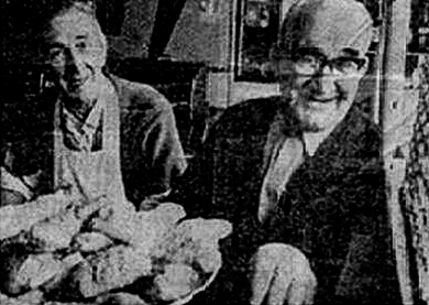 Two men behind the counter of a fish and chip shop.